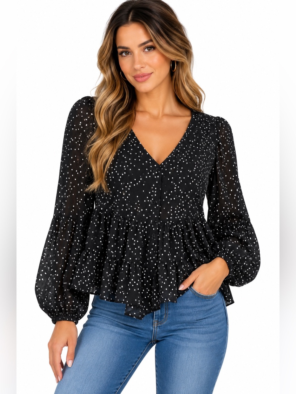 NWOT Black Polka Dot V-Neck Peplum Blouse